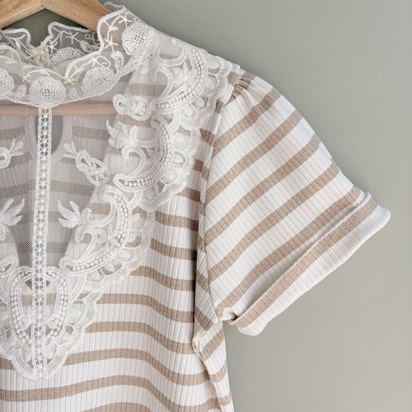 Romantic Victorian Short Sleeve Lace Stripe Blouse Top Sz Medium Metallic Pearl - Picture 3 of 11